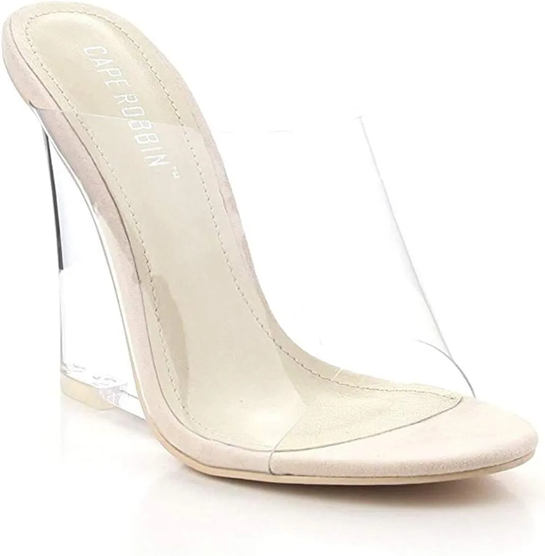 Cape Robbin Lemonade Clear Chunky Block Wedge Heels for Women, Transparent Open Toe Shoes Heels for Women