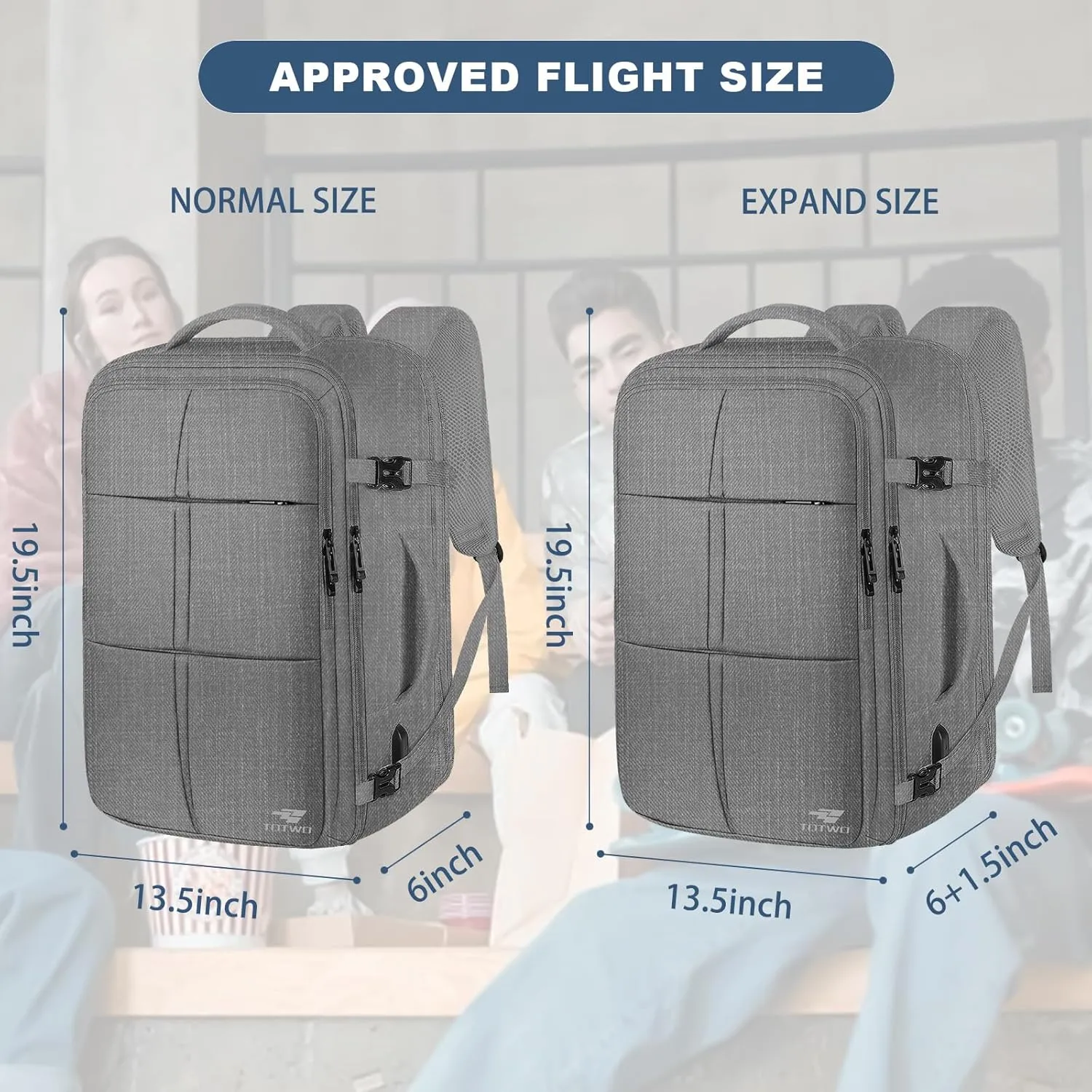 Carry On Backpack, Travel Backpack Flight Approved with USB Charging Port, 55L Expandable Weekender Daypack Overnight Fits 18.4 Inch Laptops Suitcase Bag, Grey