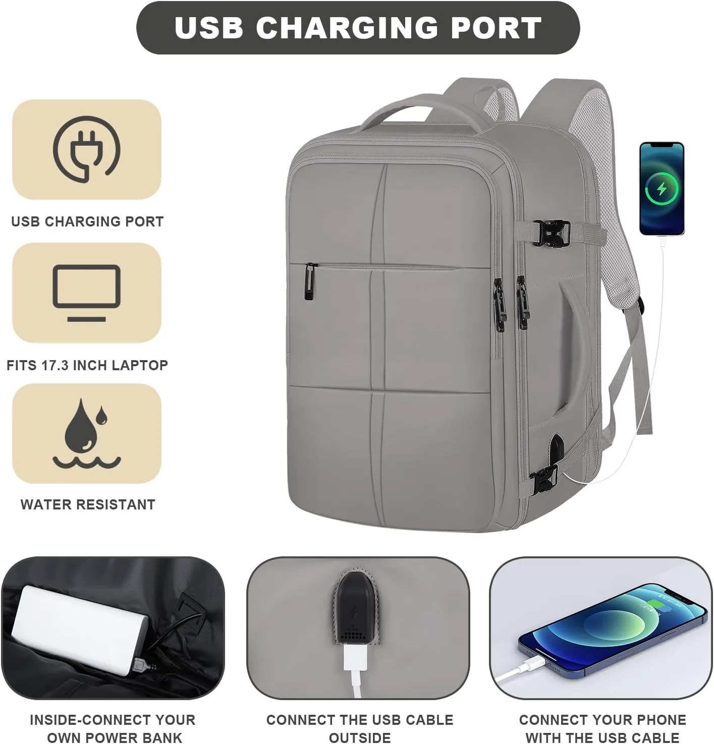 Carry On Backpack, Travel Backpack Flight Approved with USB Charging Port, 55L Expandable Weekender Daypack Overnight Fits 18.4 Inch Laptops Suitcase Bag, Grey