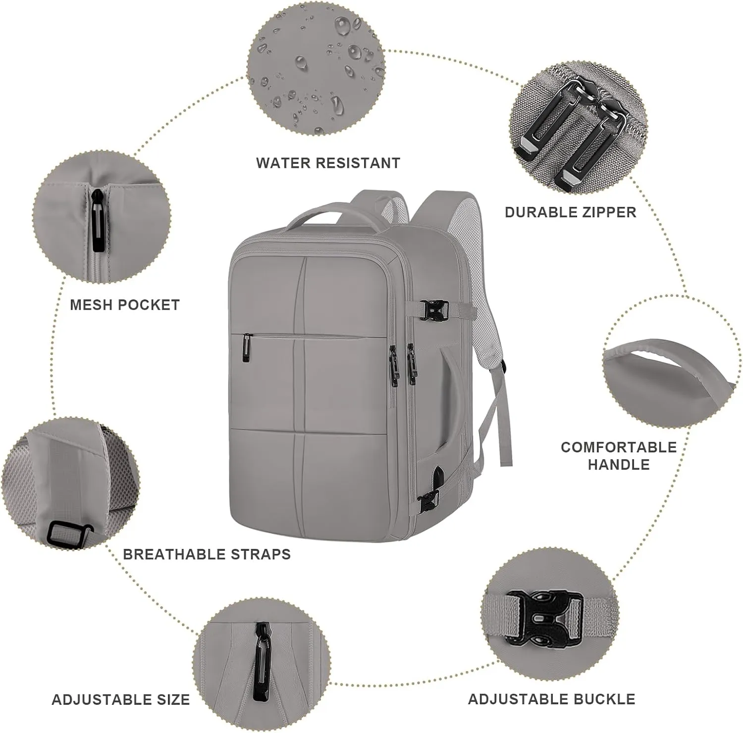 Carry On Backpack, Travel Backpack Flight Approved with USB Charging Port, 55L Expandable Weekender Daypack Overnight Fits 18.4 Inch Laptops Suitcase Bag, Grey