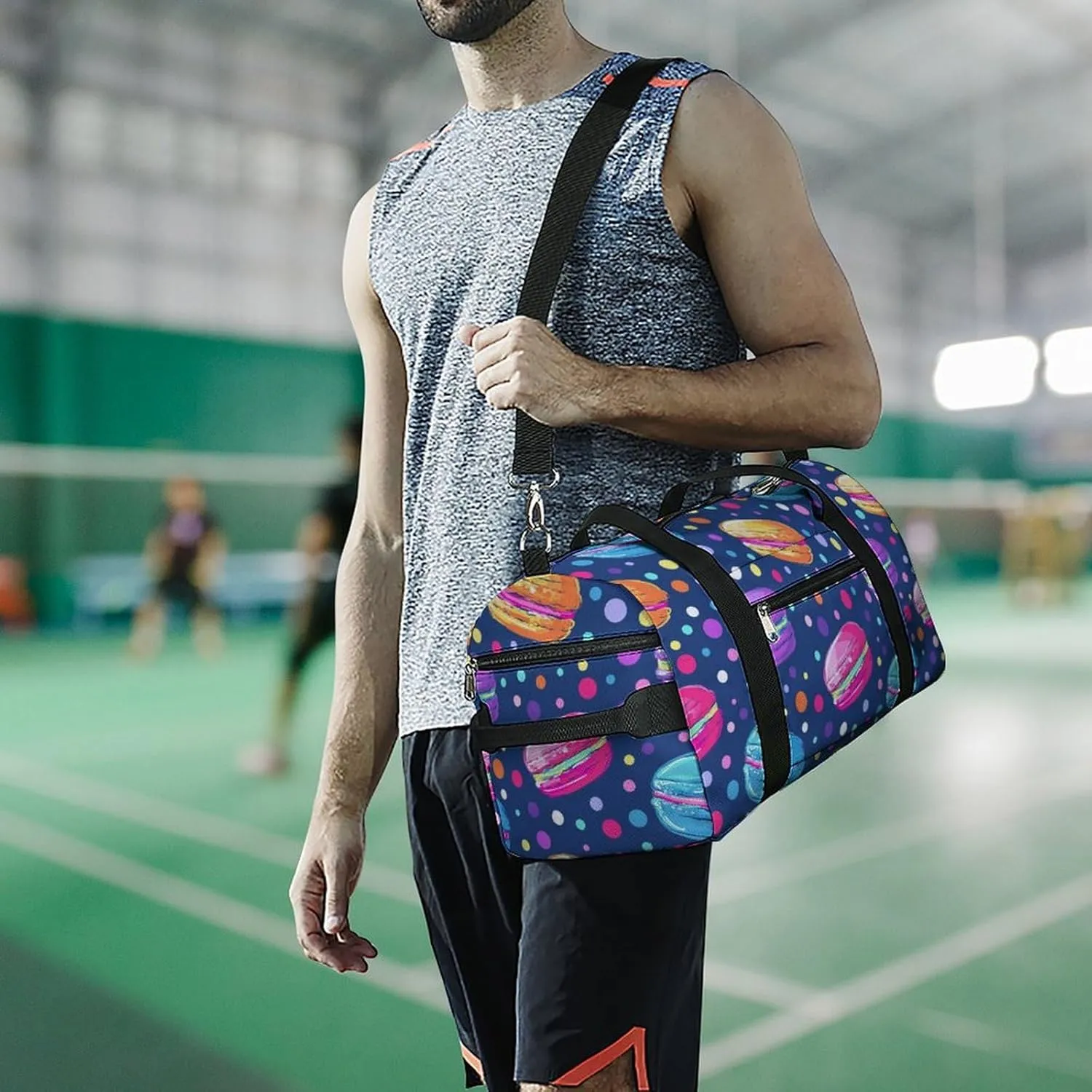 Cartoon Style of Macarons Fitness Large Gym Bag for Unisex with Shoe Compartment & Wet Pocket