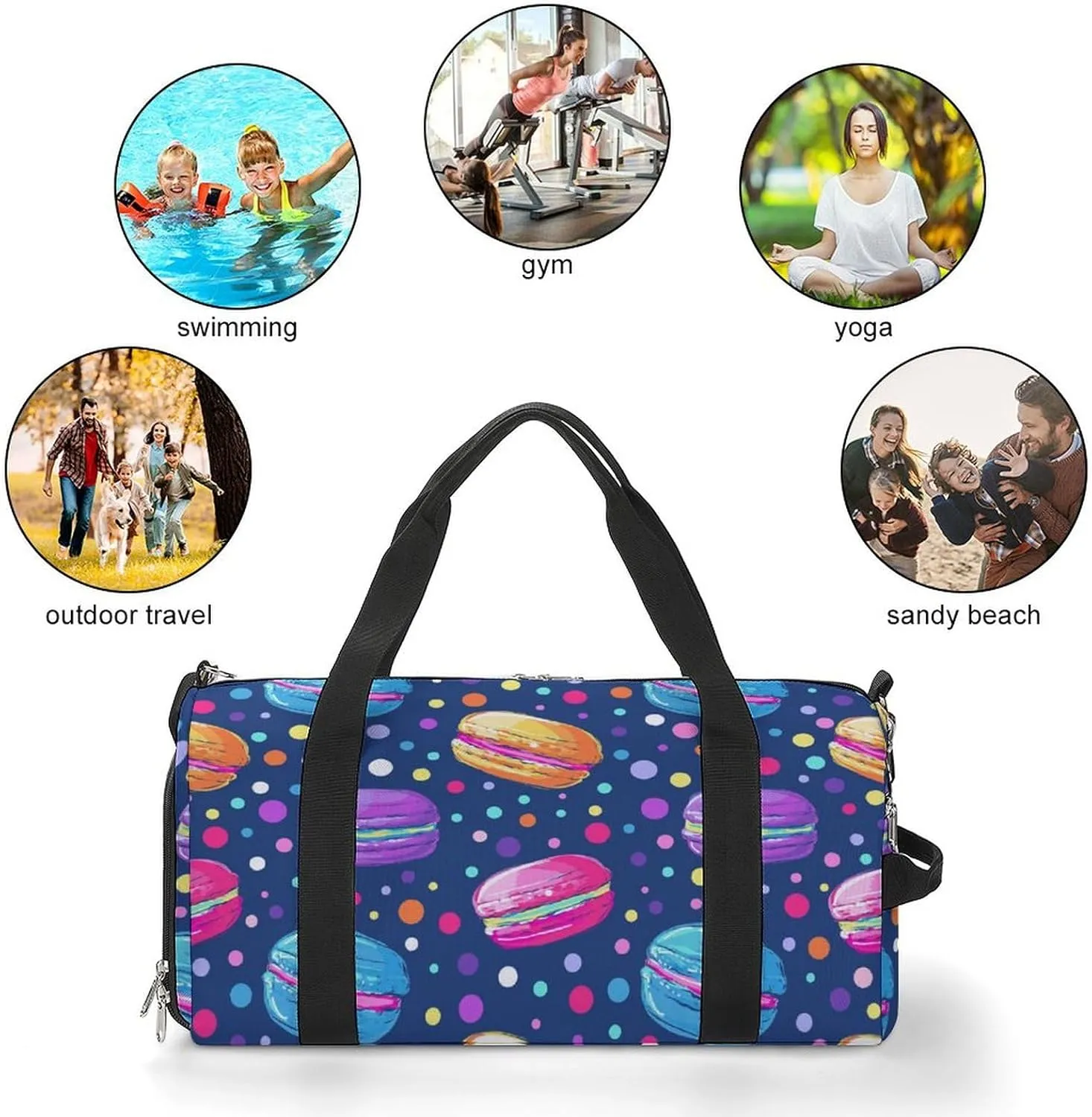 Cartoon Style of Macarons Fitness Large Gym Bag for Unisex with Shoe Compartment & Wet Pocket