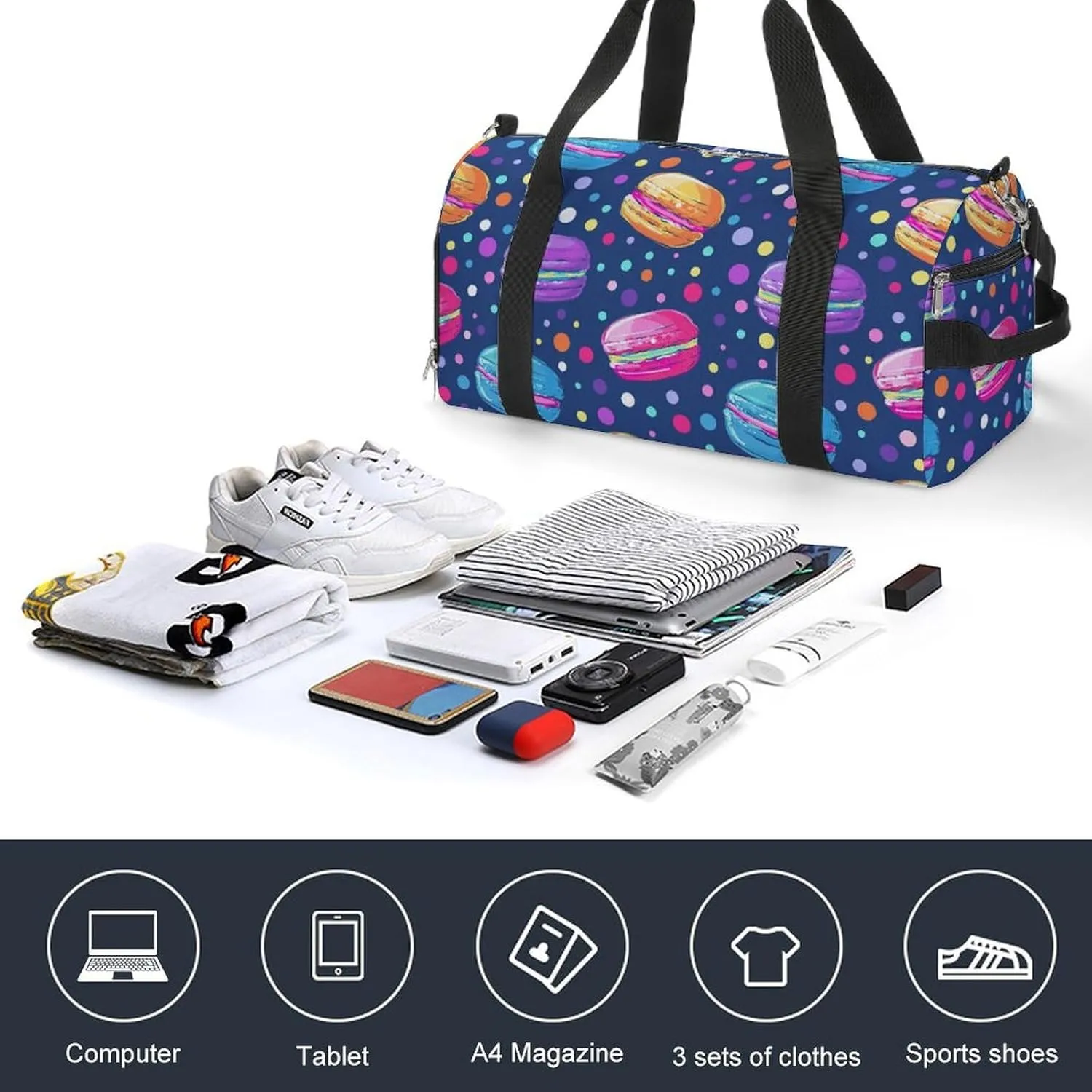 Cartoon Style of Macarons Fitness Large Gym Bag for Unisex with Shoe Compartment & Wet Pocket