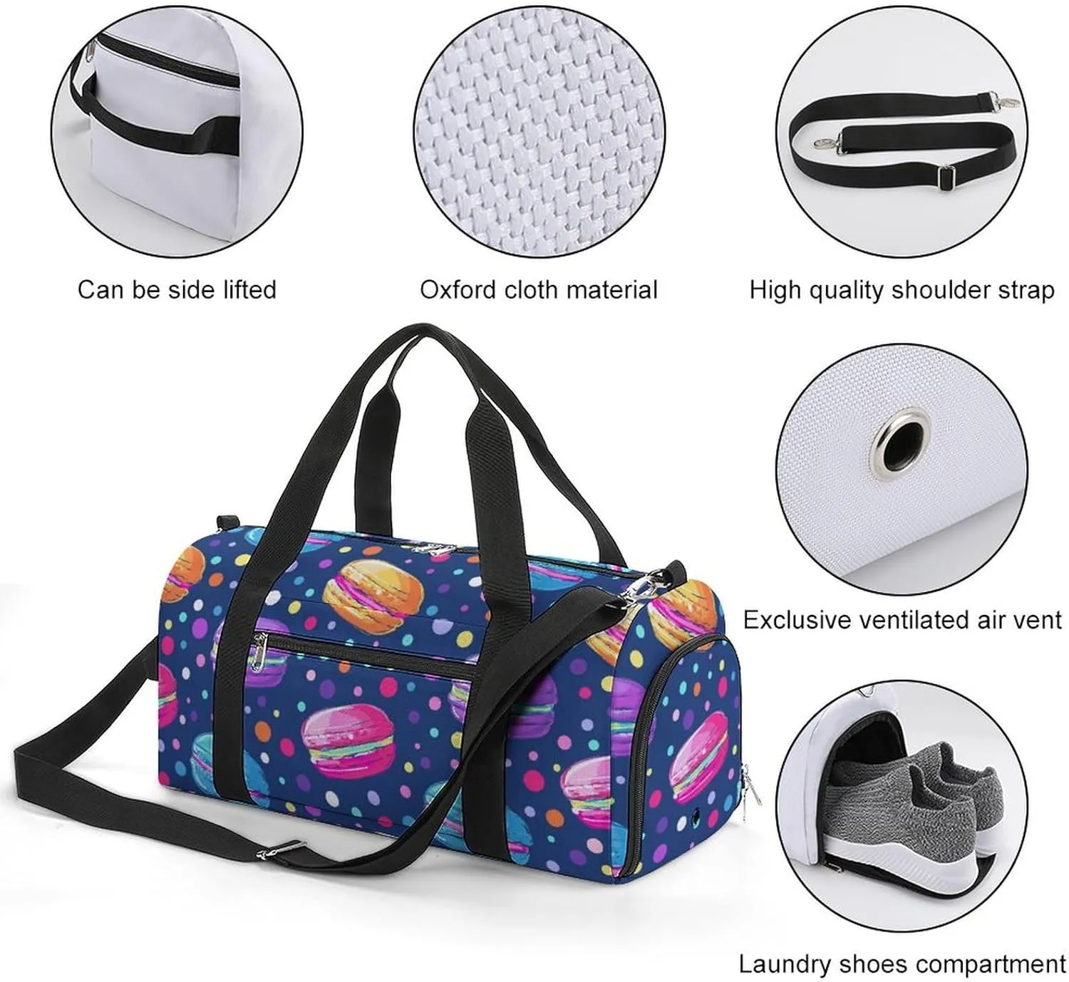 Cartoon Style of Macarons Fitness Large Gym Bag for Unisex with Shoe Compartment & Wet Pocket