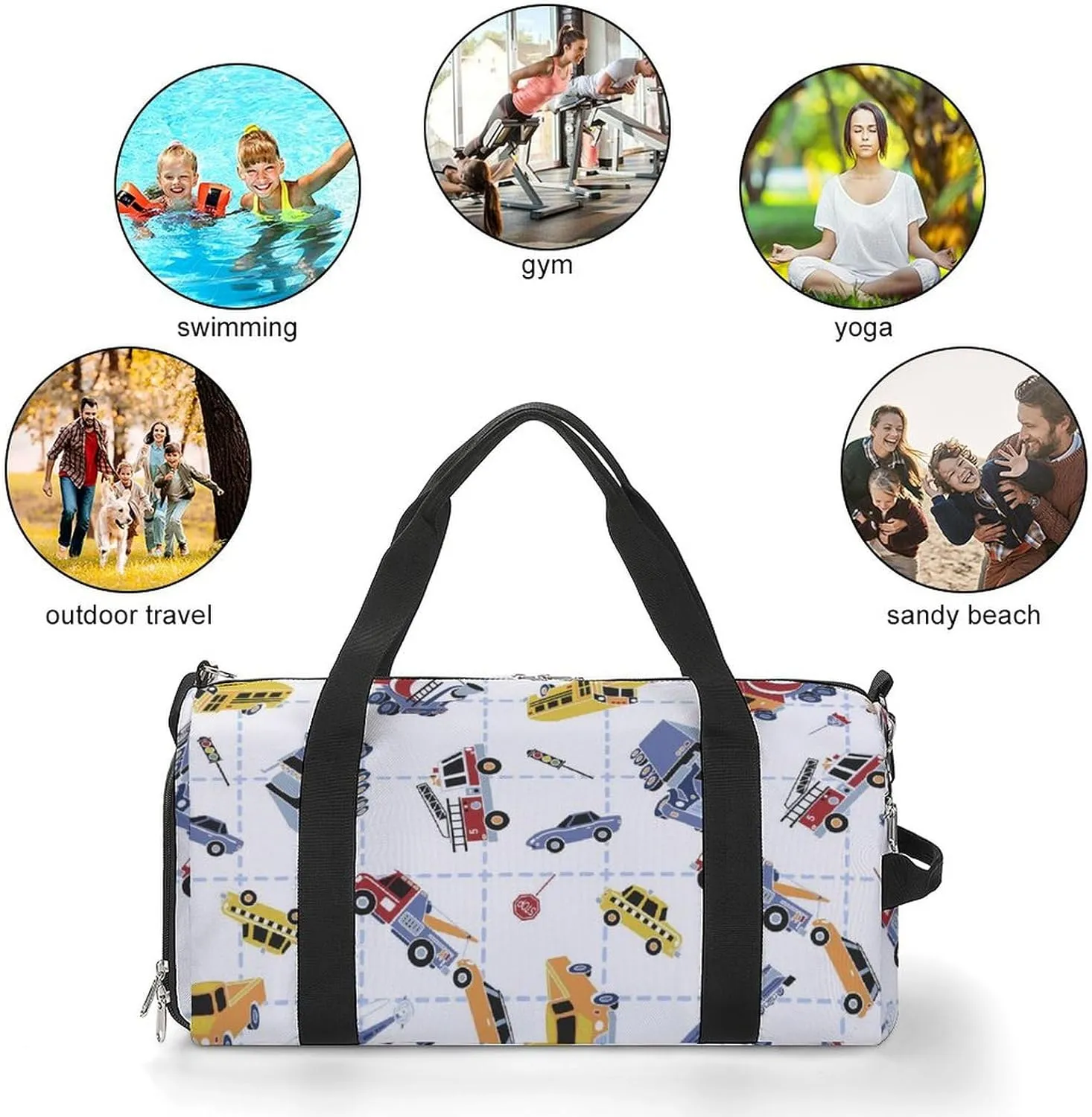 Cartoon Transport Cars Fitness Large Gym Bag for Unisex with Shoe Compartment & Wet Pocket