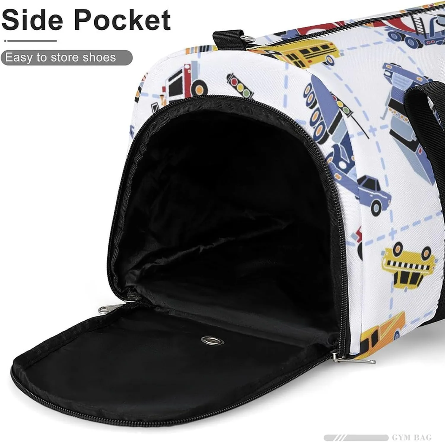 Cartoon Transport Cars Fitness Large Gym Bag for Unisex with Shoe Compartment & Wet Pocket