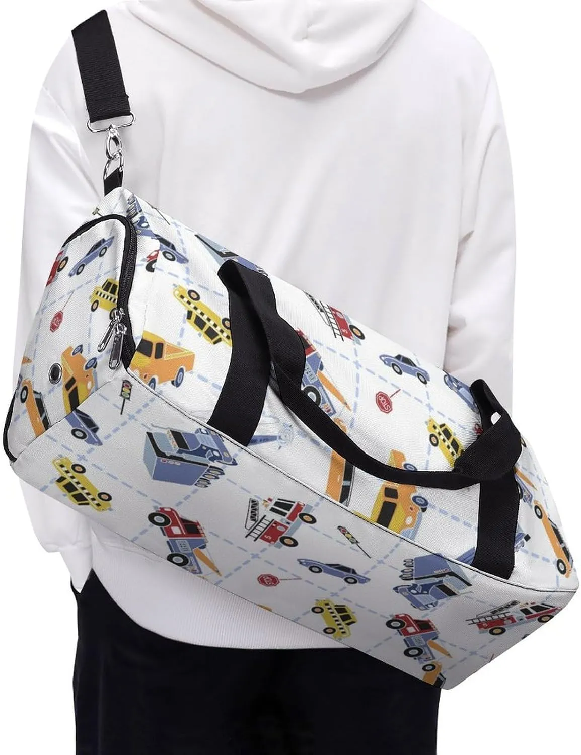 Cartoon Transport Cars Fitness Large Gym Bag for Unisex with Shoe Compartment & Wet Pocket