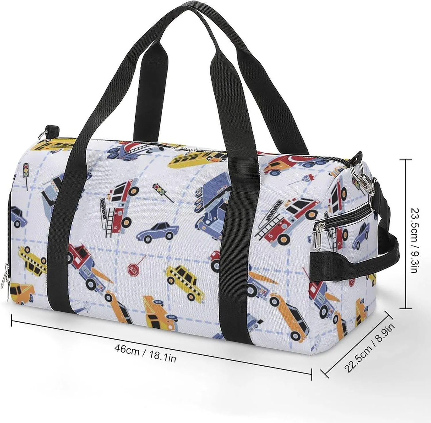 Cartoon Transport Cars Fitness Large Gym Bag for Unisex with Shoe Compartment & Wet Pocket