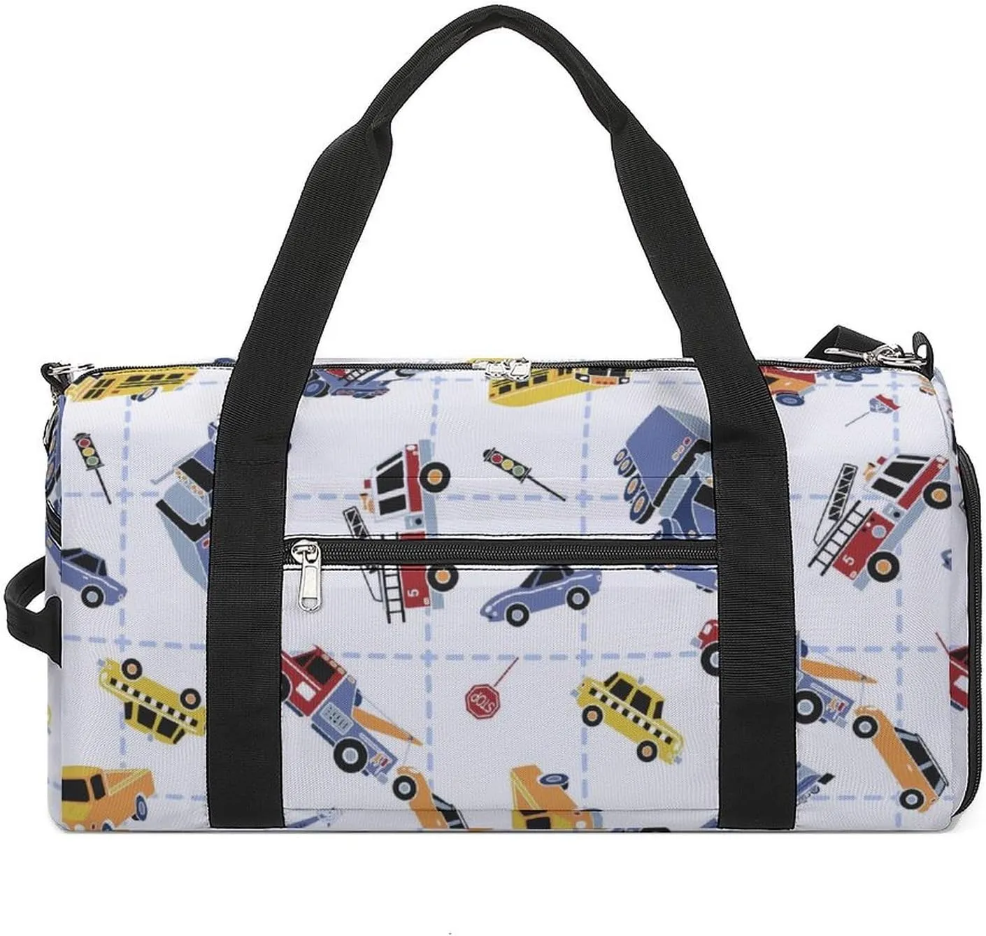 Cartoon Transport Cars Fitness Large Gym Bag for Unisex with Shoe Compartment & Wet Pocket