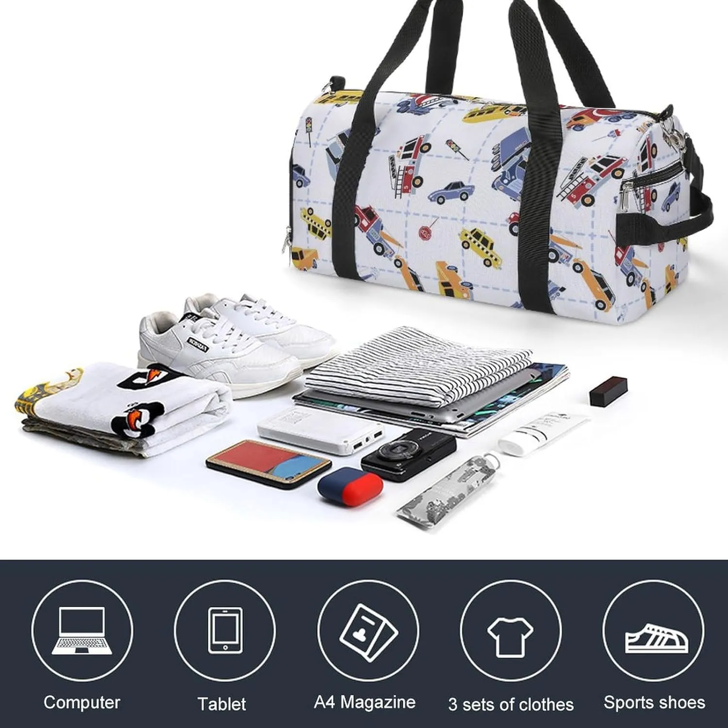 Cartoon Transport Cars Fitness Large Gym Bag for Unisex with Shoe Compartment & Wet Pocket