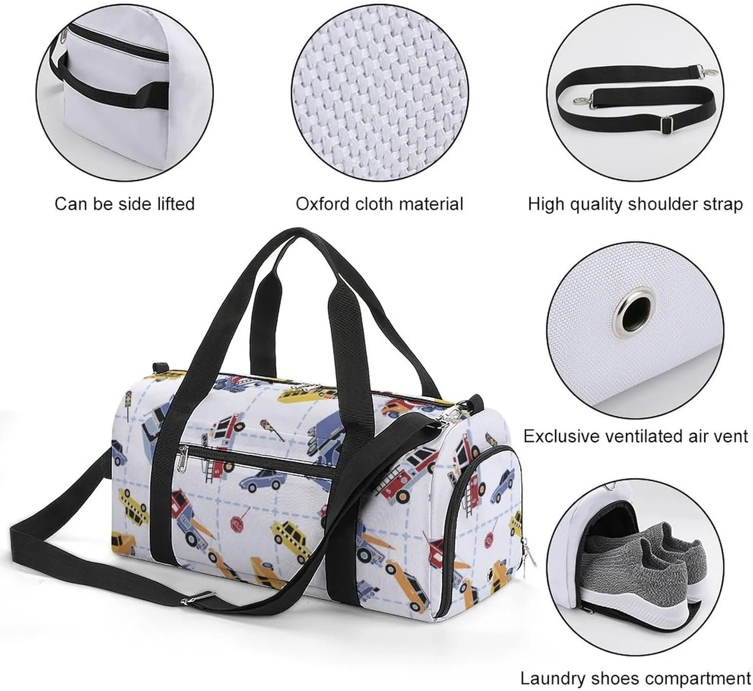 Cartoon Transport Cars Fitness Large Gym Bag for Unisex with Shoe Compartment & Wet Pocket