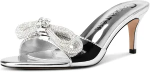 Castamere Round Open Toe Heeled Sandals for Women Rhinestone Double Bowknots Mid Kitten Heels Slip-on Dress Wedding Dating Heeled Mules 2.6 Inches Heels