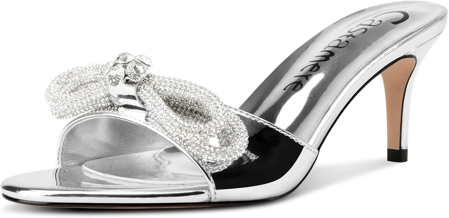 Castamere Round Open Toe Heeled Sandals for Women Rhinestone Double Bowknots Mid Kitten Heels Slip-on Dress Wedding Dating Heeled Mules 2.6 Inches Heels