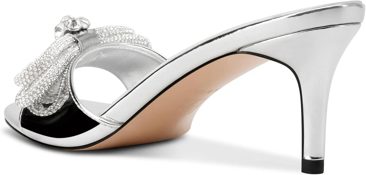 Castamere Round Open Toe Heeled Sandals for Women Rhinestone Double Bowknots Mid Kitten Heels Slip-on Dress Wedding Dating Heeled Mules 2.6 Inches Heels