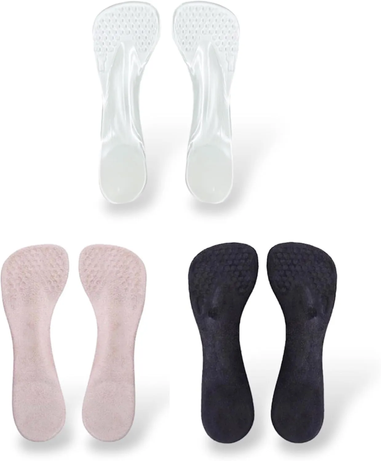 CB 3-Pairs Arch Support Insoles, Soft Silicone Gel Invisible Slim Inserts Liners, Arch Pain Foot Heel Pain Relief, 3/4 Length for Women Shoes High Heel Shoes 5-7, Clear, Nude & Black