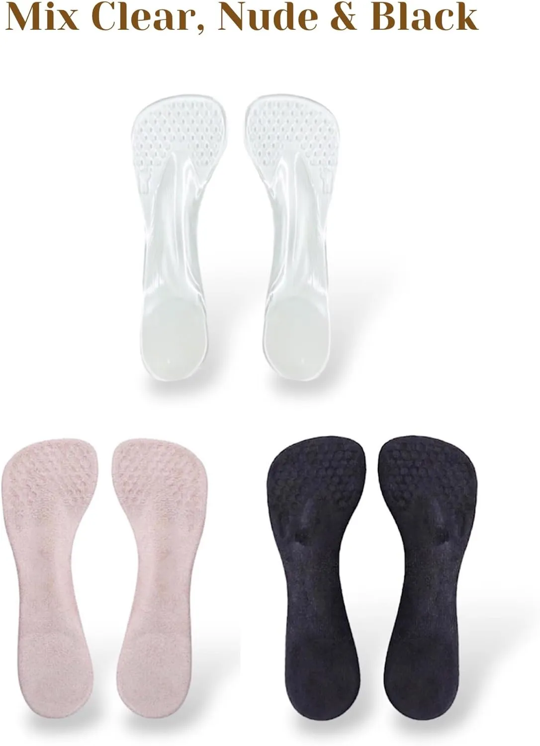 CB 3-Pairs Arch Support Insoles, Soft Silicone Gel Invisible Slim Inserts Liners, Arch Pain Foot Heel Pain Relief, 3/4 Length for Women Shoes High Heel Shoes 5-7, Clear, Nude & Black