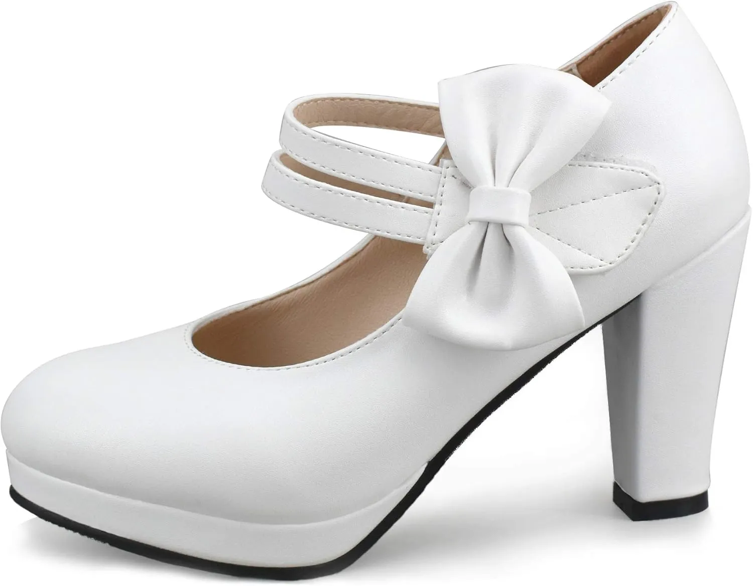 Chic Women Bow Block High Heel Mary Janes Ankle Strap Pumps Sweet Shoes Closed Toe Comfort Dress Party Pumps with Hook Loop