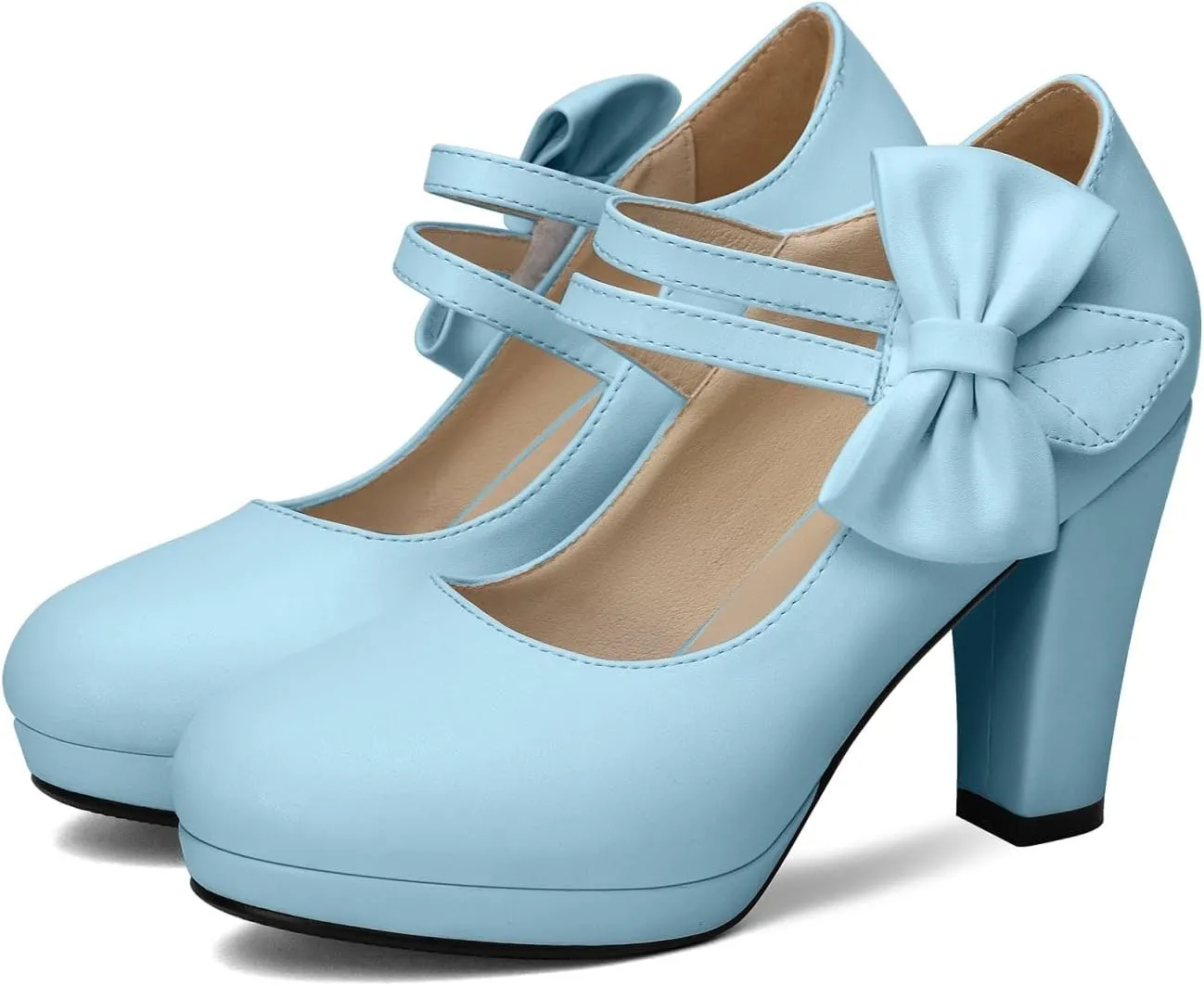 Chic Women Bow Block High Heel Mary Janes Ankle Strap Pumps Sweet Shoes Closed Toe Comfort Dress Party Pumps with Hook Loop