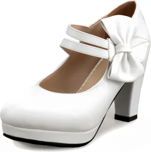Chic Women Bow Block High Heel Mary Janes Ankle Strap Pumps Sweet Shoes Closed Toe Comfort Dress Party Pumps with Hook Loop
