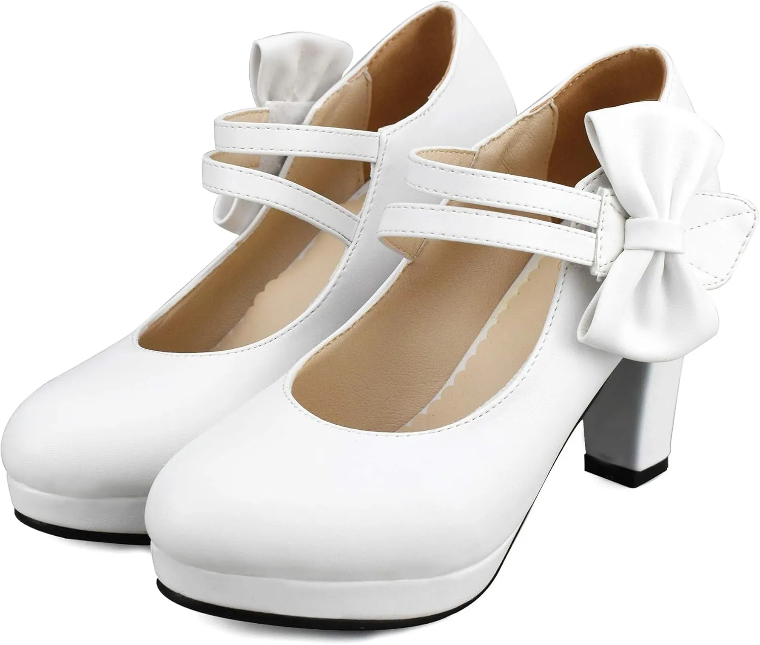 Chic Women Bow Block High Heel Mary Janes Ankle Strap Pumps Sweet Shoes Closed Toe Comfort Dress Party Pumps with Hook Loop