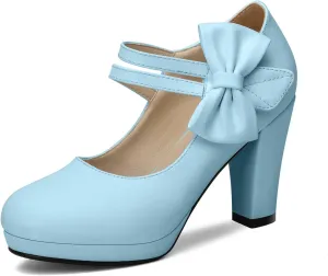 Chic Women Bow Block High Heel Mary Janes Ankle Strap Pumps Sweet Shoes Closed Toe Comfort Dress Party Pumps with Hook Loop