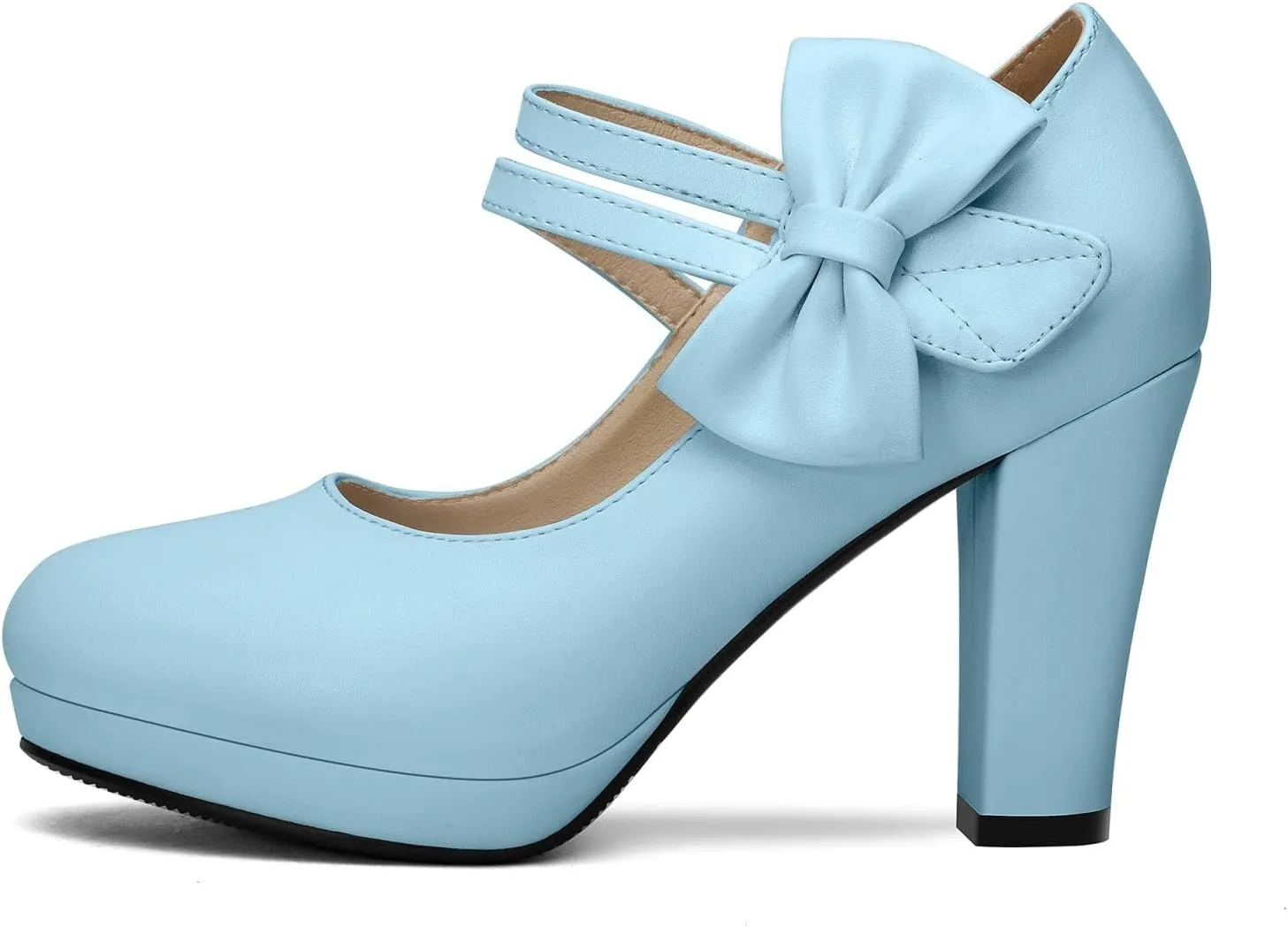 Chic Women Bow Block High Heel Mary Janes Ankle Strap Pumps Sweet Shoes Closed Toe Comfort Dress Party Pumps with Hook Loop