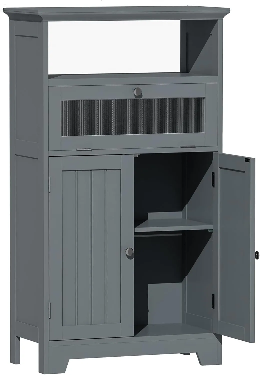 ChooChoo Bathroom Floor Storage Cabinet with Flip Glass Drawer, Bathroom Cabinets Freestanding with 2 Doors Adjustable Shelf & 1 Open Storage for Bathrooms, Living Room, Hallway, Grey