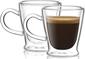 Circleware 92050 Thermax Double Wall Insulated Heat Resistant Glass Coffee Mugs with Handle, 4-Piece Set Shots Cups, 2.6 oz