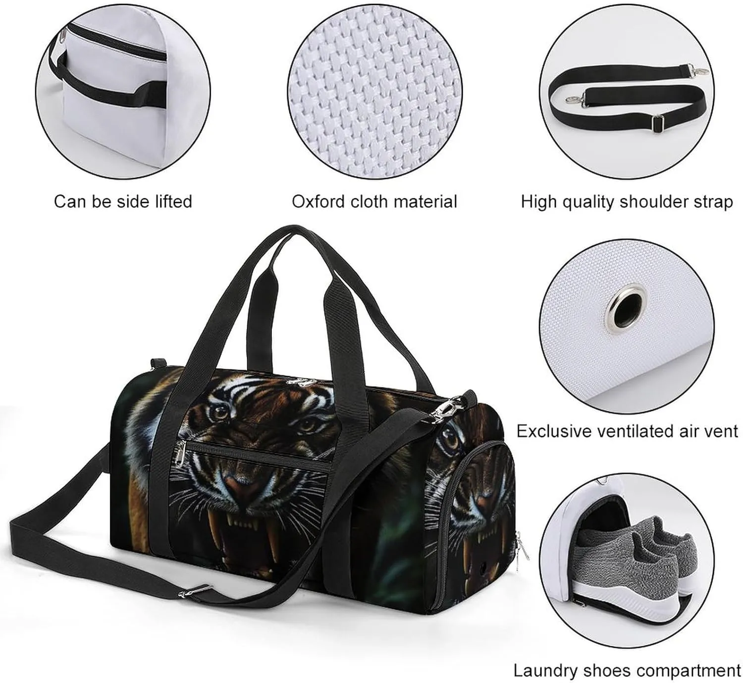 Close Up of Wild Tiger Fitness Large Gym Bag for Unisex with Shoe Compartment & Wet Pocket