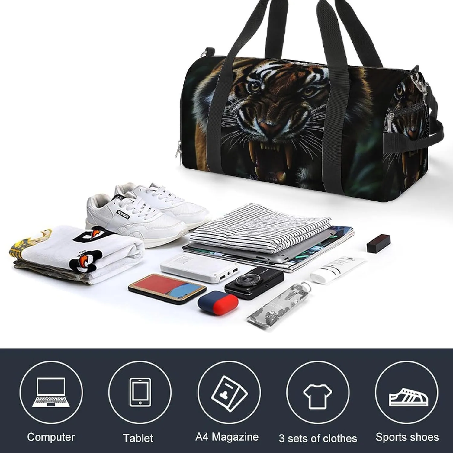 Close Up of Wild Tiger Fitness Large Gym Bag for Unisex with Shoe Compartment & Wet Pocket