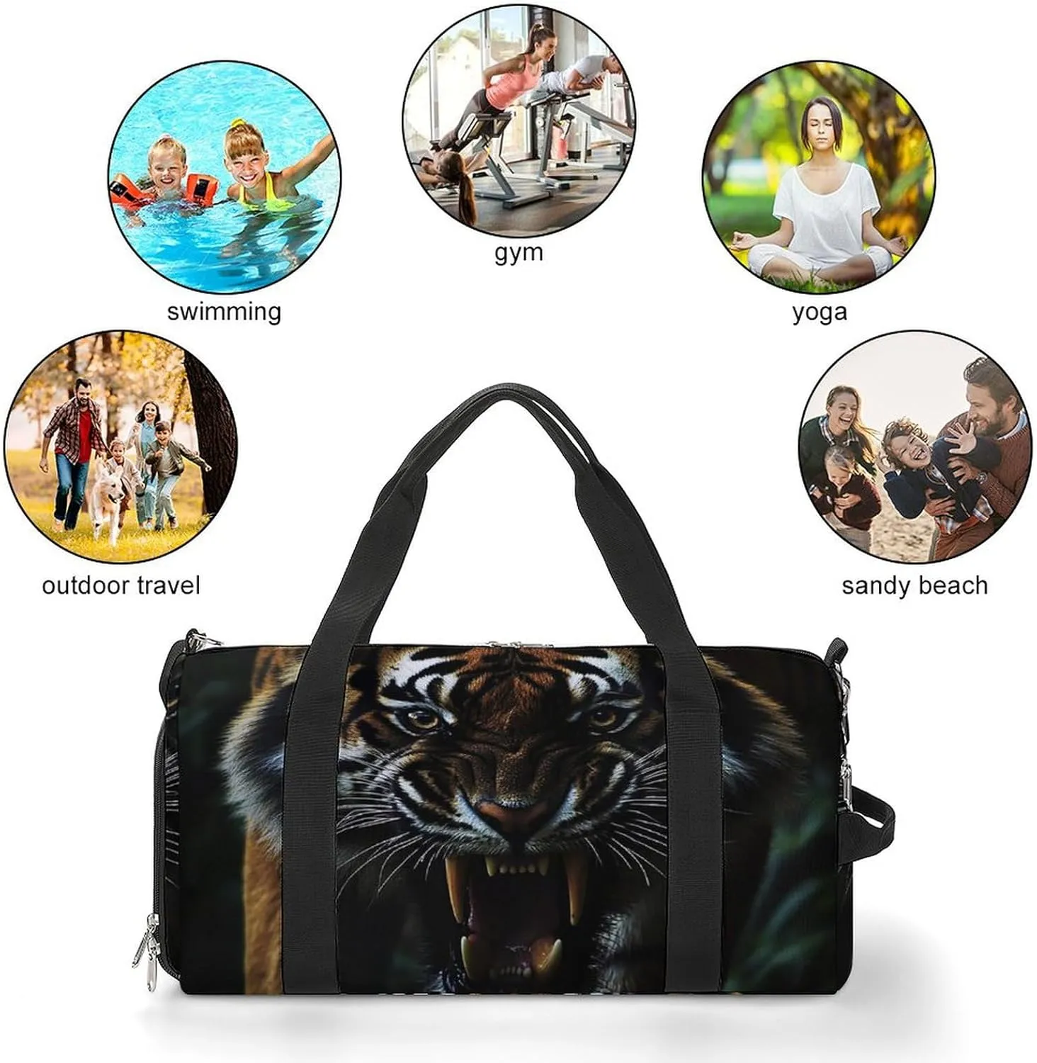 Close Up of Wild Tiger Fitness Large Gym Bag for Unisex with Shoe Compartment & Wet Pocket