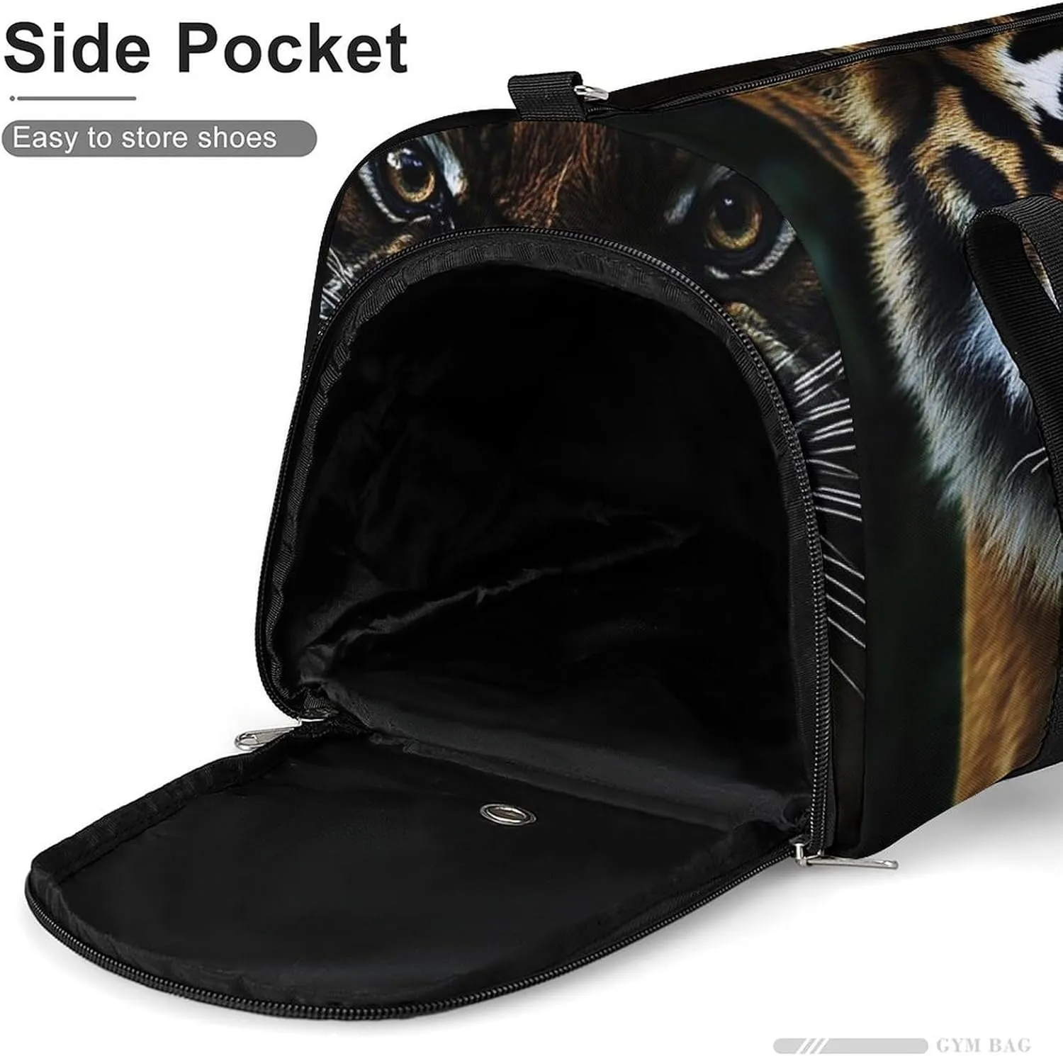 Close Up of Wild Tiger Fitness Large Gym Bag for Unisex with Shoe Compartment & Wet Pocket