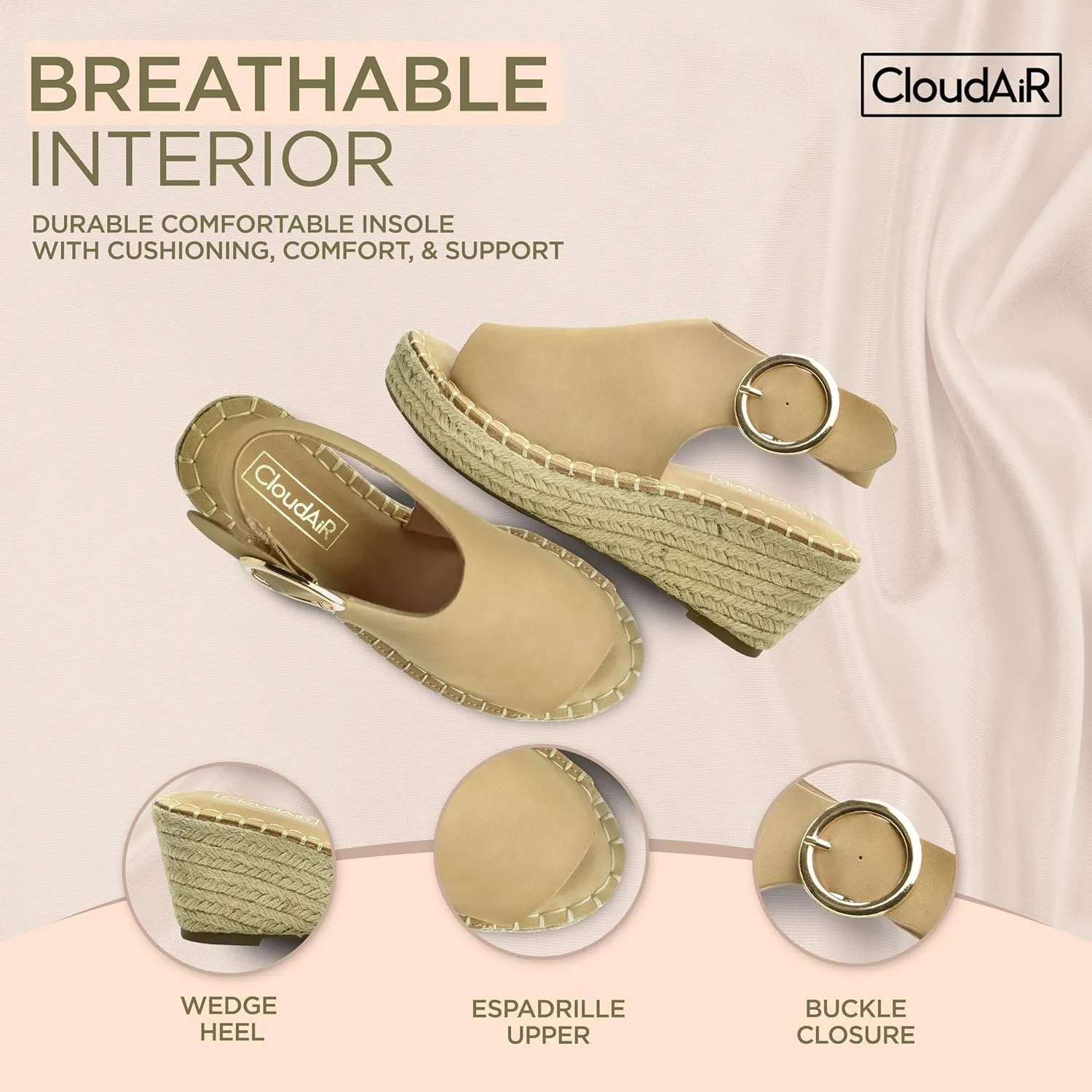 CLOUDAIR Selina Women's Espadrille Wedge Sandals - Comfortable and Stylish Platform Slip On Sandals with Buckle Closure, Comfy Wedge Heels for Women, Fashion Summer Sandals