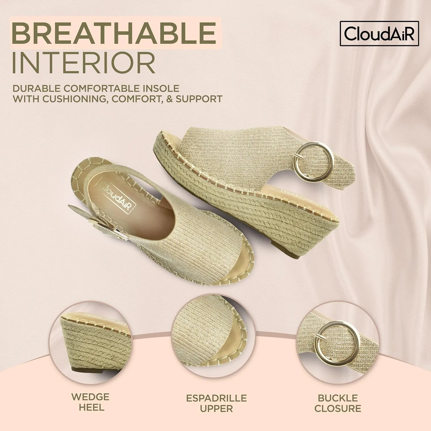 CLOUDAIR Selina Women's Espadrille Wedge Sandals - Comfortable and Stylish Platform Slip On Sandals with Buckle Closure, Comfy Wedge Heels for Women, Fashion Summer Sandals