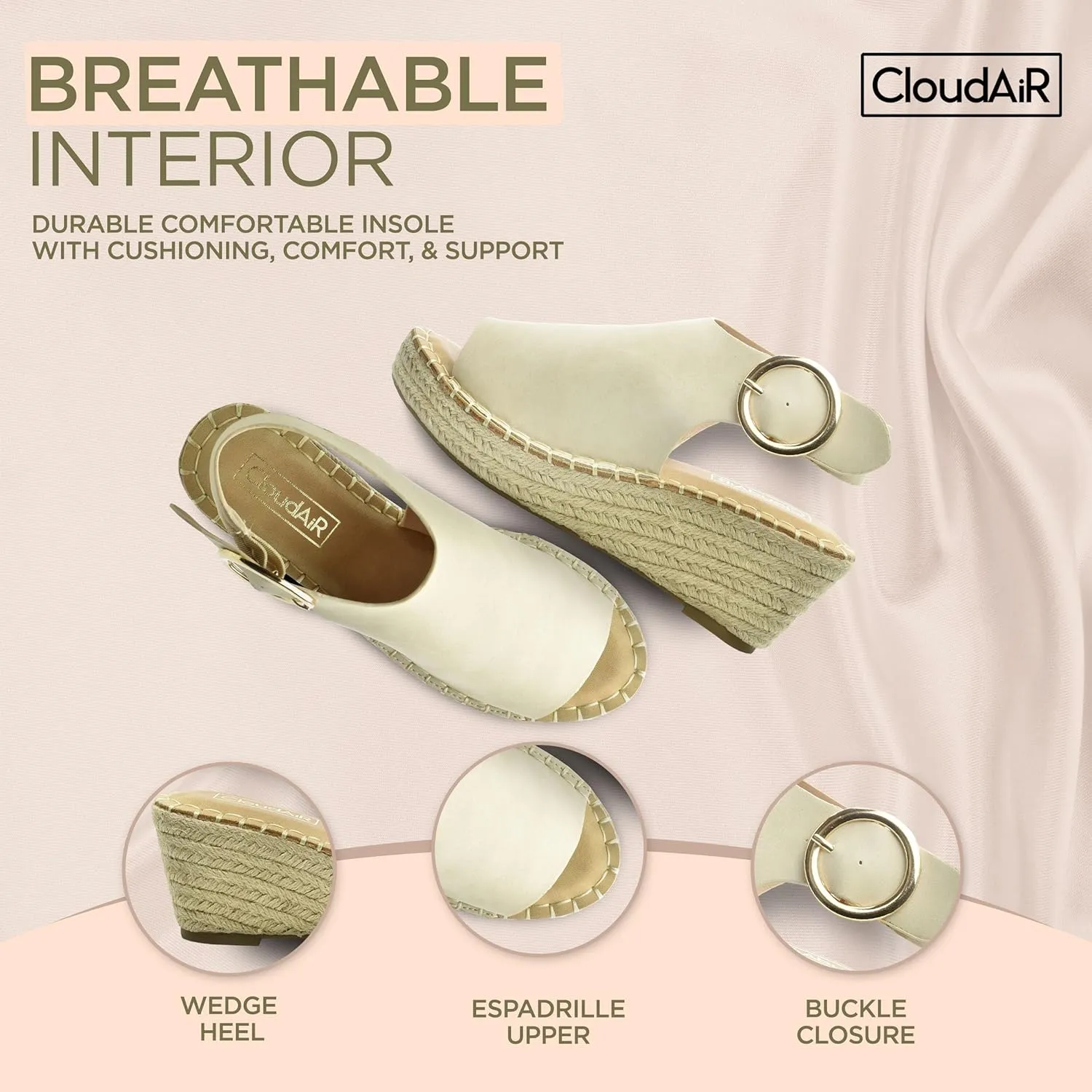 CLOUDAIR Selina Women's Espadrille Wedge Sandals - Comfortable and Stylish Platform Slip On Sandals with Buckle Closure, Comfy Wedge Heels for Women, Fashion Summer Sandals