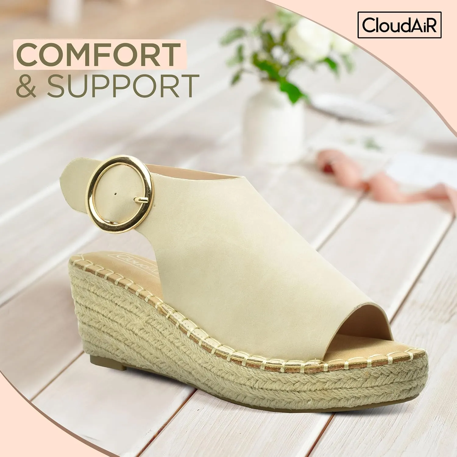 CLOUDAIR Selina Women's Espadrille Wedge Sandals - Comfortable and Stylish Platform Slip On Sandals with Buckle Closure, Comfy Wedge Heels for Women, Fashion Summer Sandals