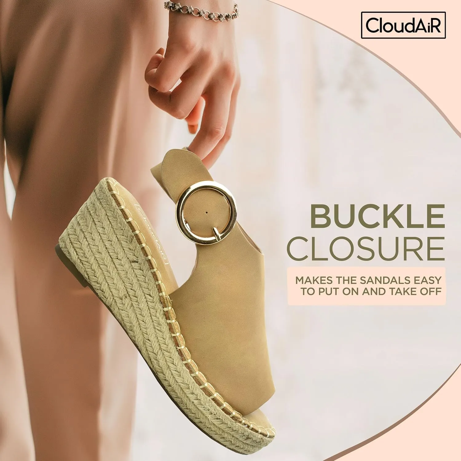 CLOUDAIR Selina Women's Espadrille Wedge Sandals - Comfortable and Stylish Platform Slip On Sandals with Buckle Closure, Comfy Wedge Heels for Women, Fashion Summer Sandals