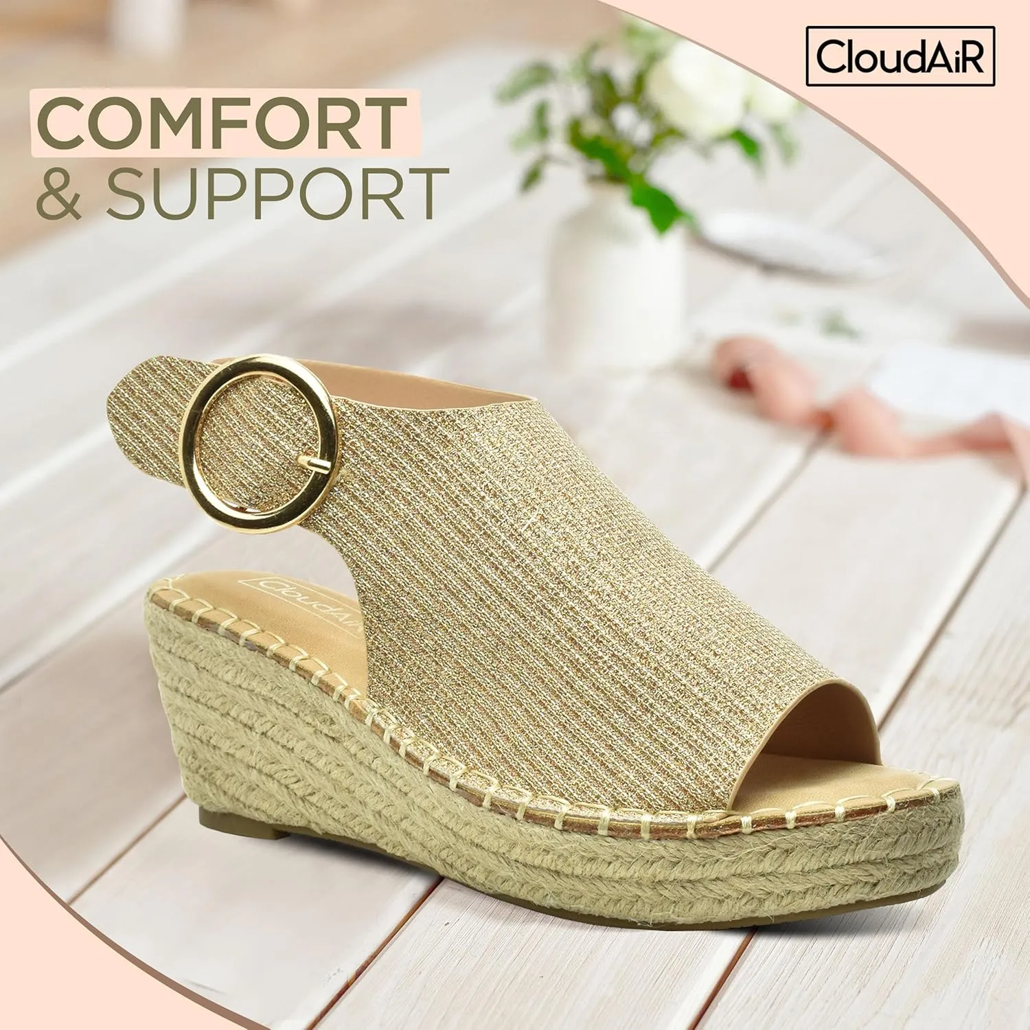 CLOUDAIR Selina Women's Espadrille Wedge Sandals - Comfortable and Stylish Platform Slip On Sandals with Buckle Closure, Comfy Wedge Heels for Women, Fashion Summer Sandals
