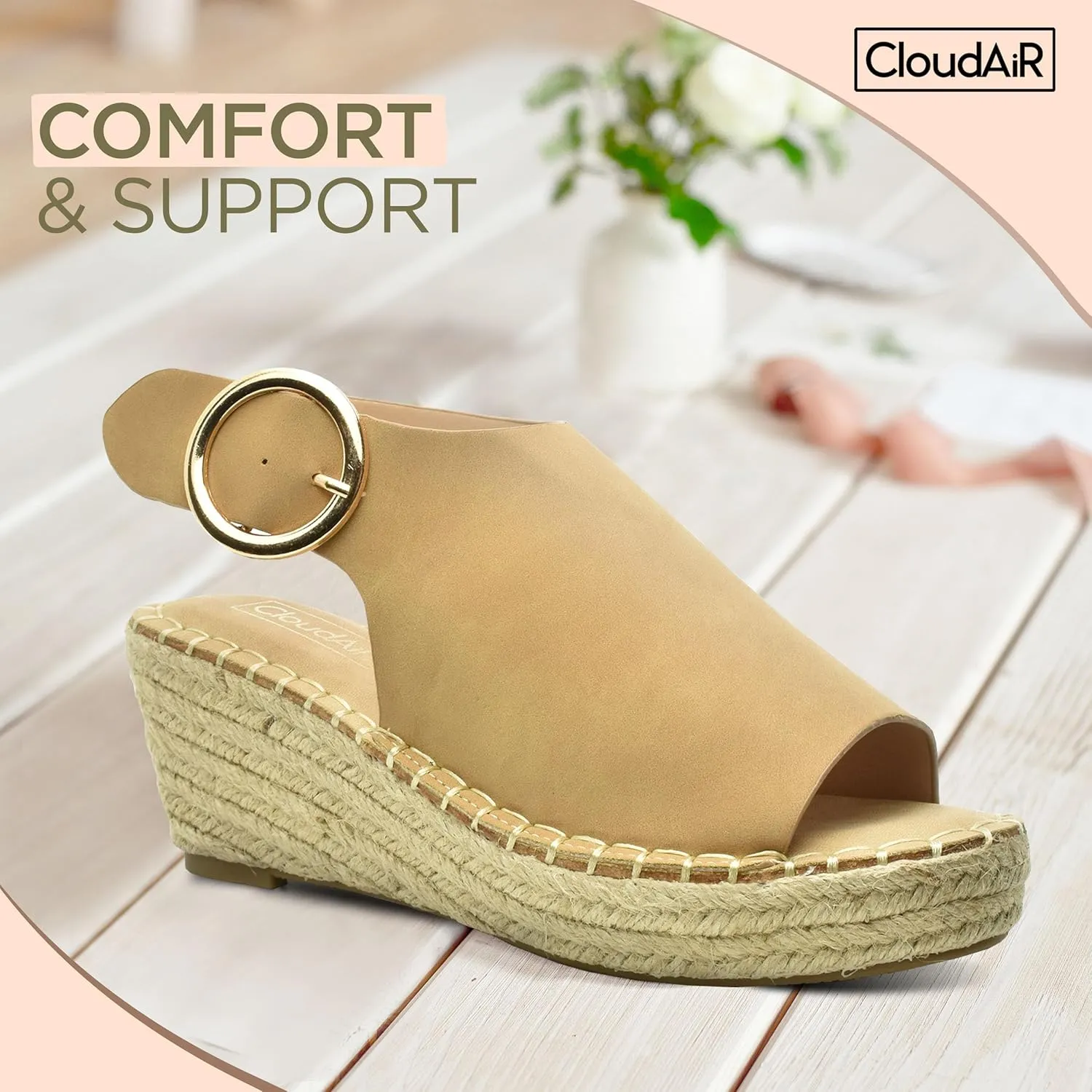CLOUDAIR Selina Women's Espadrille Wedge Sandals - Comfortable and Stylish Platform Slip On Sandals with Buckle Closure, Comfy Wedge Heels for Women, Fashion Summer Sandals
