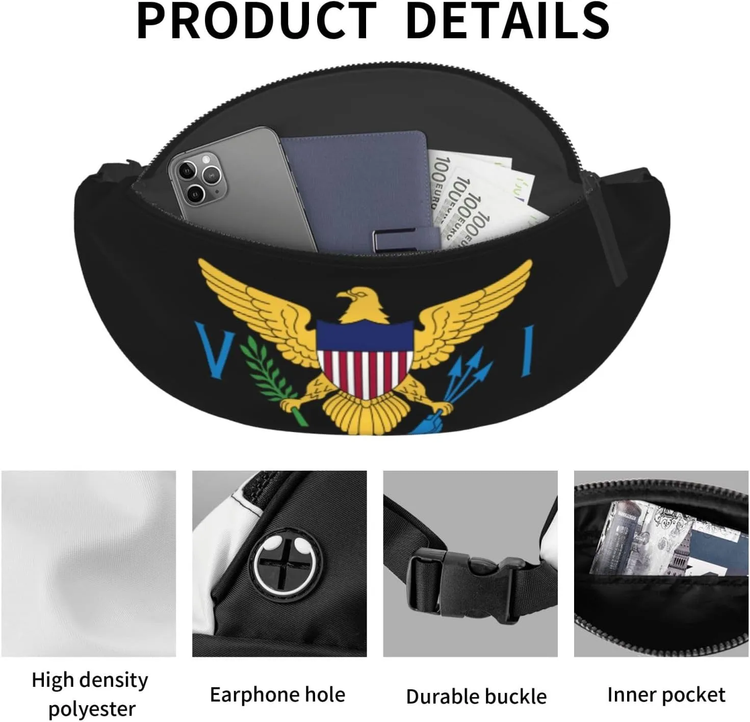 Coat Of Arms Of Virgin Islands National Emblem Fanny Pack Daypack Crossbody Waist Bag For Travel Sports Running Hiking, Black