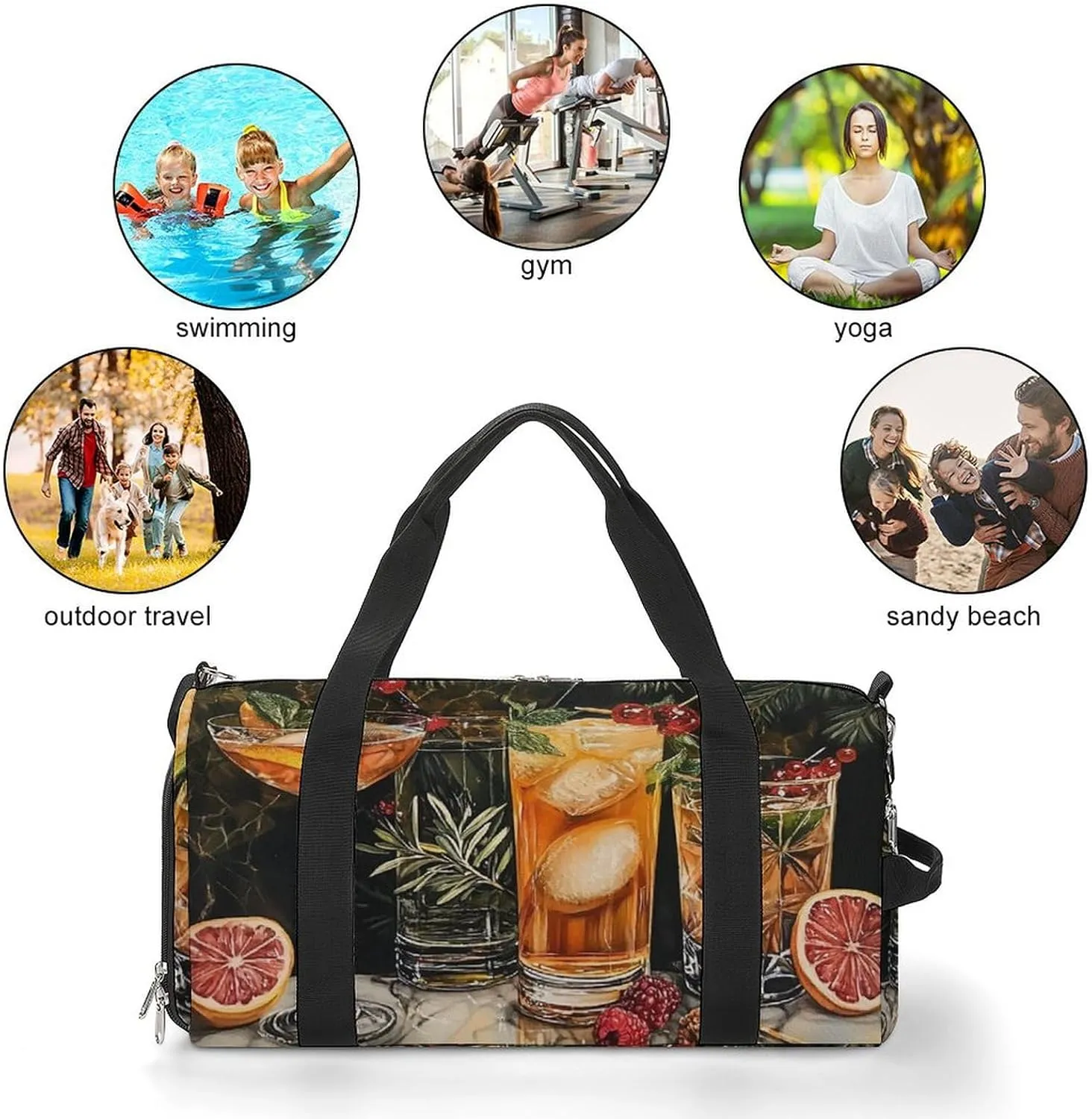Cocktails Pattern Fitness Large Gym Bag for Unisex with Shoe Compartment & Wet Pocket