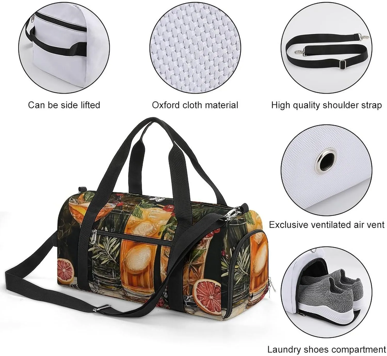 Cocktails Pattern Fitness Large Gym Bag for Unisex with Shoe Compartment & Wet Pocket