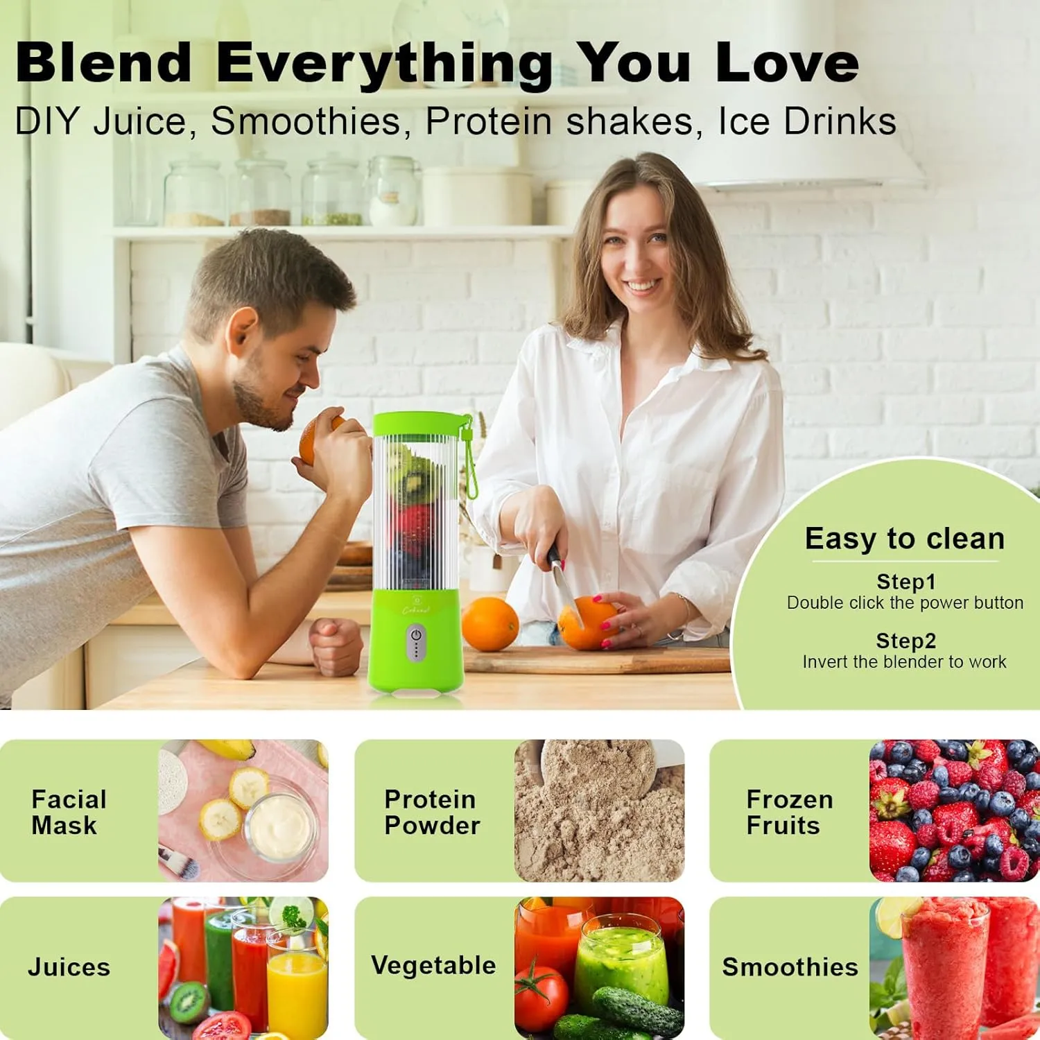 COKUNST Portable Blender, USB Rechargeable Personal Blender for Smoothies, 16 OZ Mini Juicer Mixer with 6 Blades, Small Blenders Cup with 2 Lids, Shake Bottle for Travel, Office, Gym, Kitchen Green