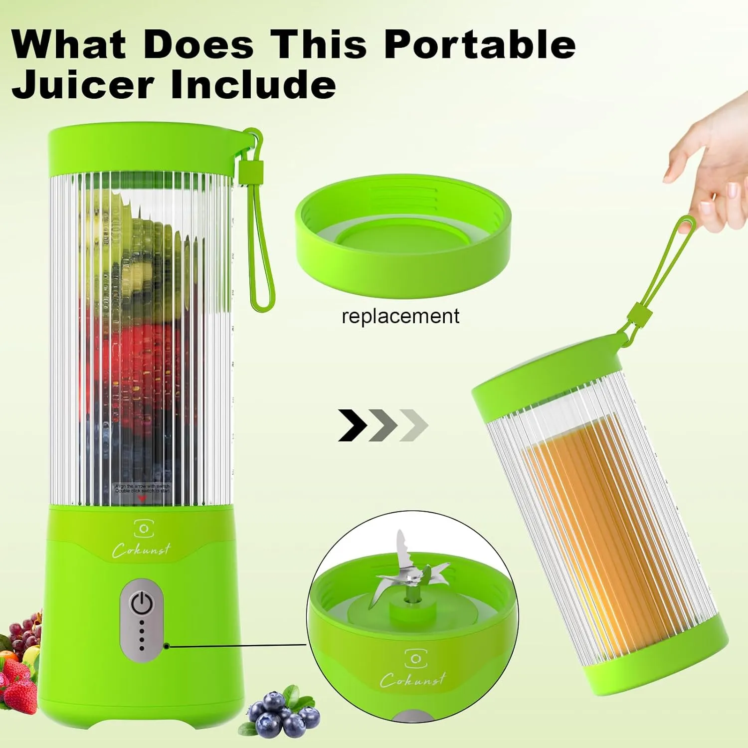 COKUNST Portable Blender, USB Rechargeable Personal Blender for Smoothies, 16 OZ Mini Juicer Mixer with 6 Blades, Small Blenders Cup with 2 Lids, Shake Bottle for Travel, Office, Gym, Kitchen Green