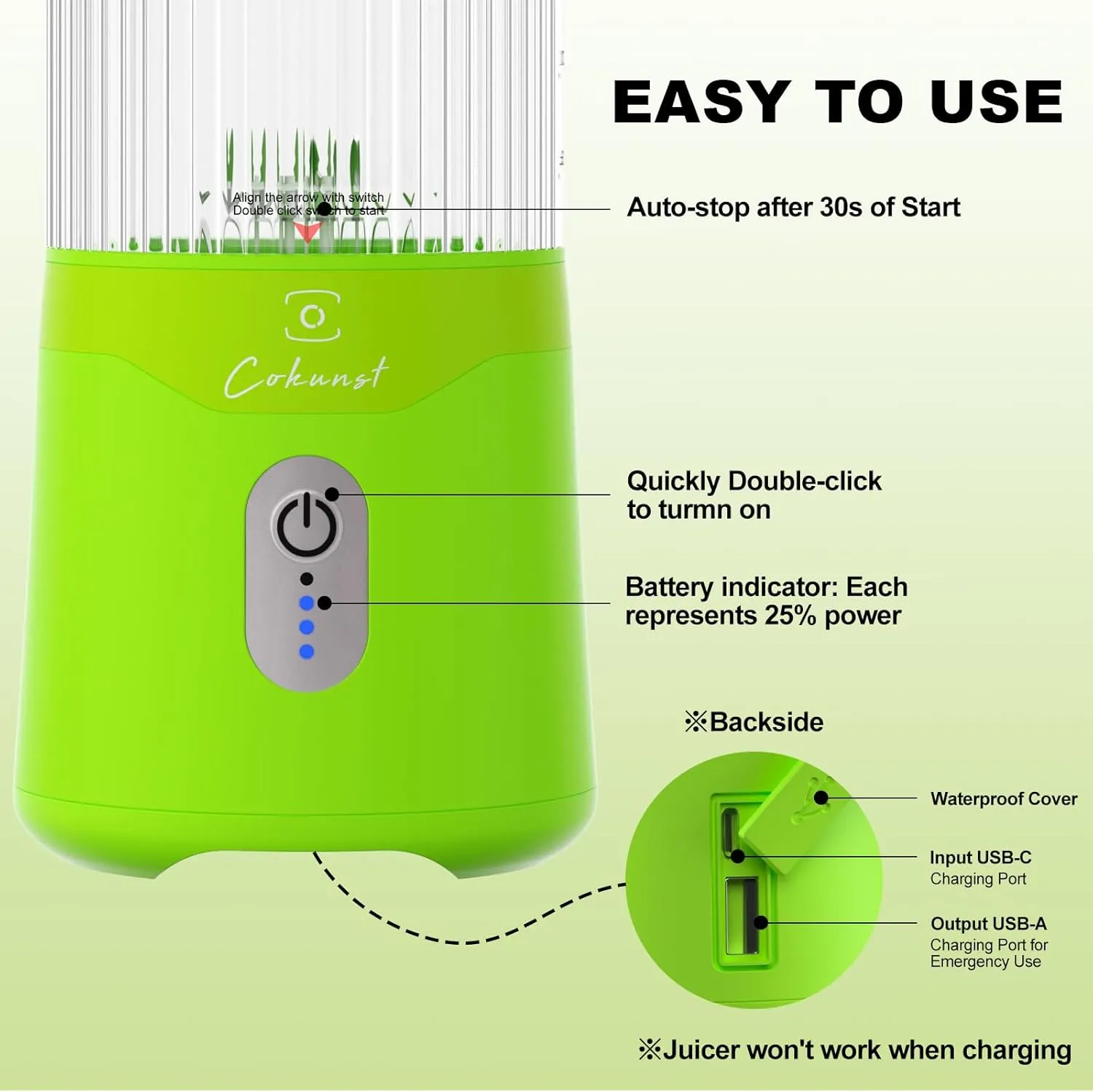 COKUNST Portable Blender, USB Rechargeable Personal Blender for Smoothies, 16 OZ Mini Juicer Mixer with 6 Blades, Small Blenders Cup with 2 Lids, Shake Bottle for Travel, Office, Gym, Kitchen Green