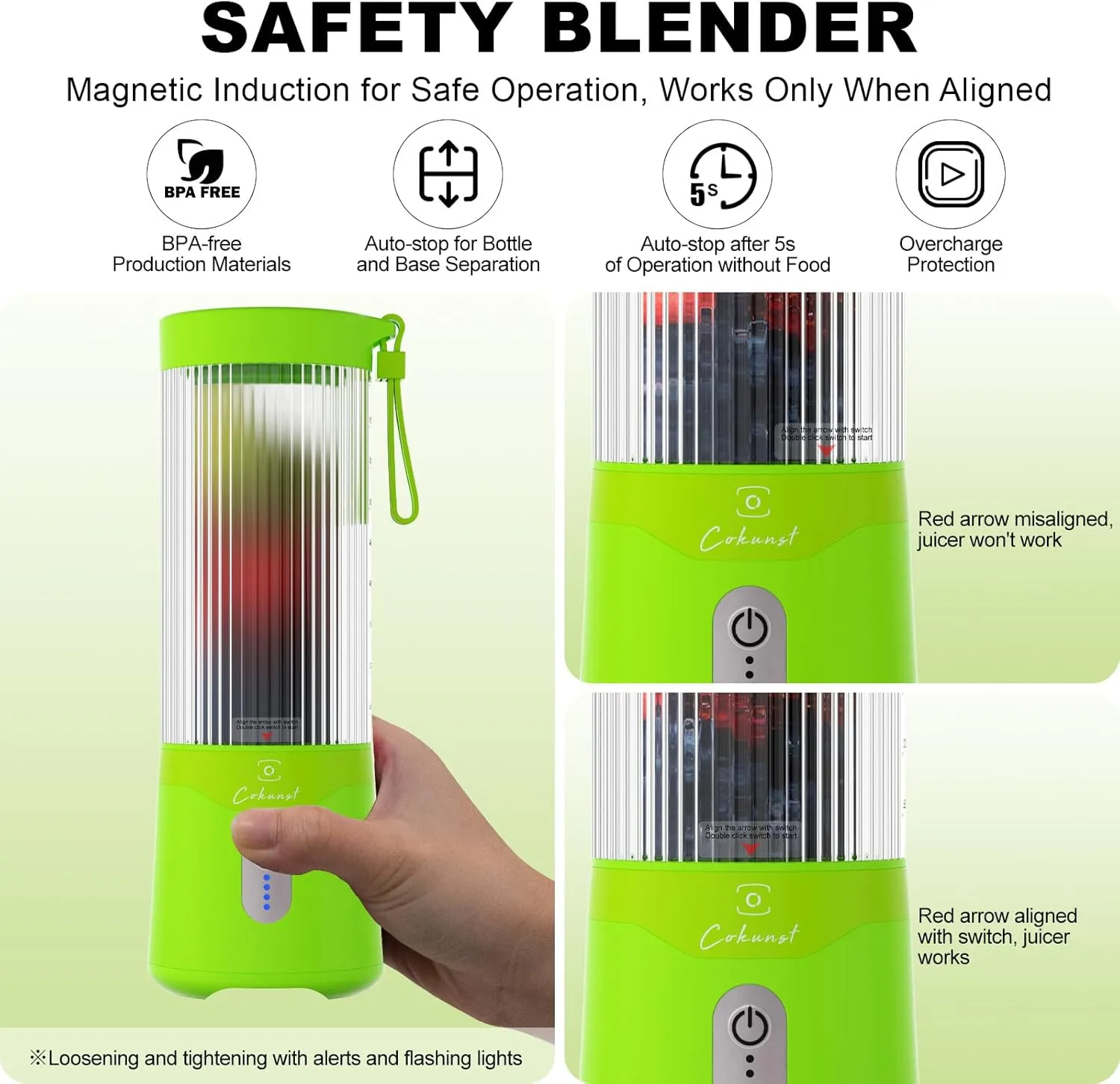 COKUNST Portable Blender, USB Rechargeable Personal Blender for Smoothies, 16 OZ Mini Juicer Mixer with 6 Blades, Small Blenders Cup with 2 Lids, Shake Bottle for Travel, Office, Gym, Kitchen Green