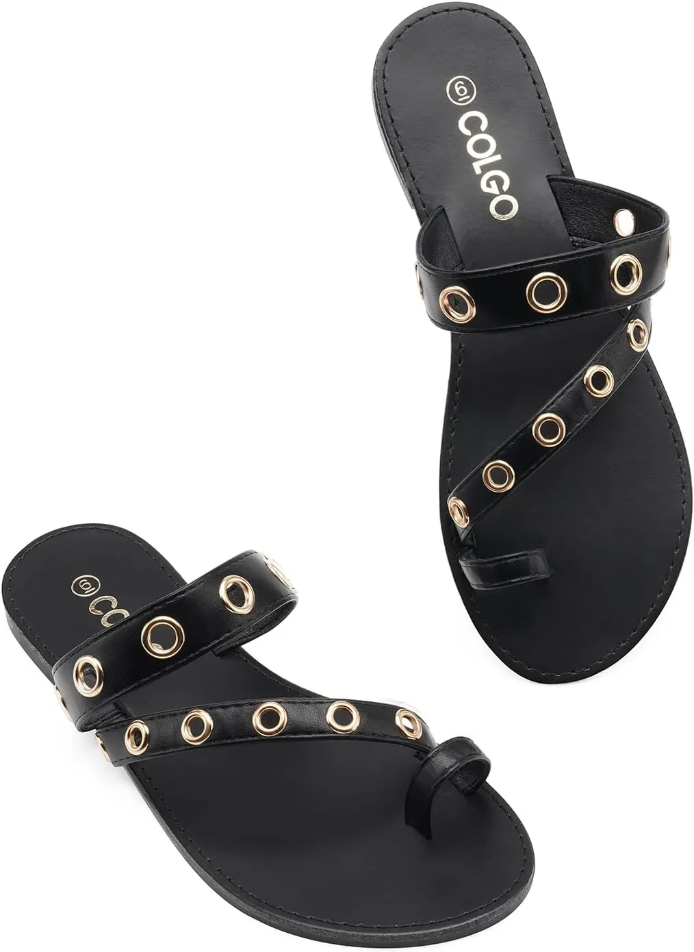 Colgo Women's Slide Sandals, Hollow Buckle Slip-On Flats, Casual Summer Dressy Sandals
