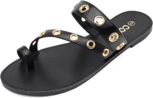 Colgo Women's Slide Sandals, Hollow Buckle Slip-On Flats, Casual Summer Dressy Sandals