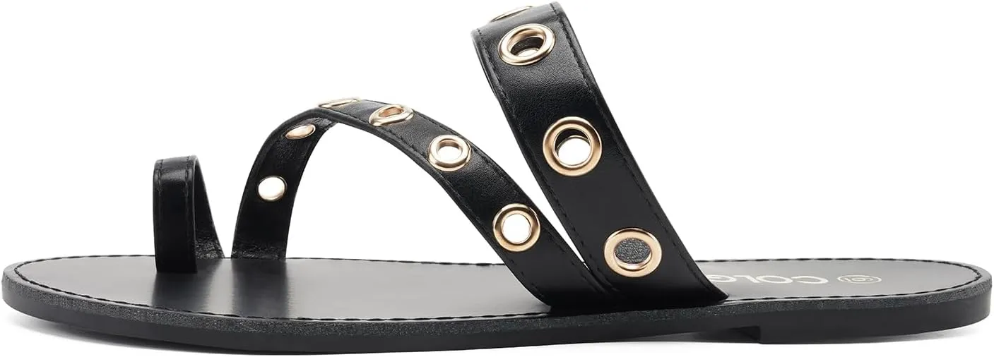 Colgo Women's Slide Sandals, Hollow Buckle Slip-On Flats, Casual Summer Dressy Sandals