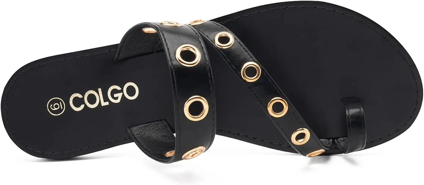 Colgo Women's Slide Sandals, Hollow Buckle Slip-On Flats, Casual Summer Dressy Sandals
